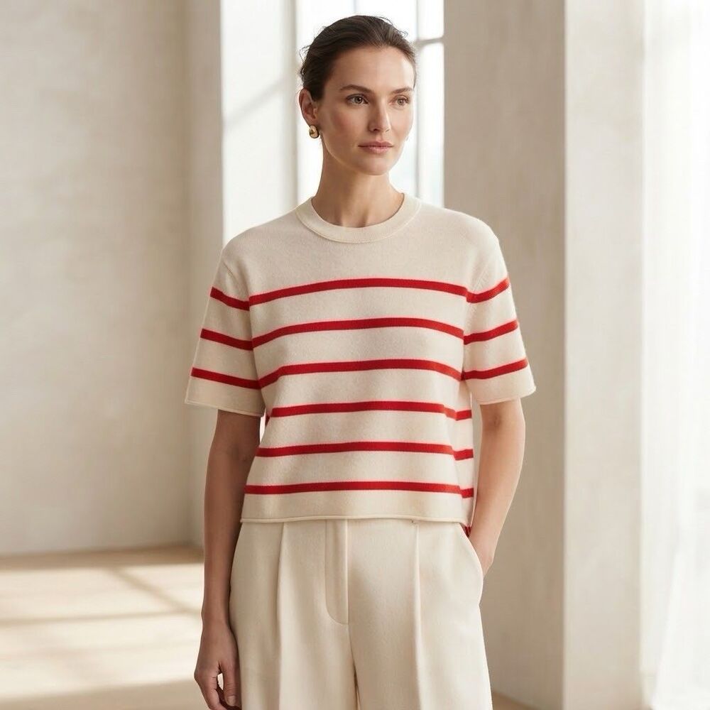 NWT White + Warren Cashmere Roll Trim T Shirt Sweater sz S Stripe Preppy Luxury